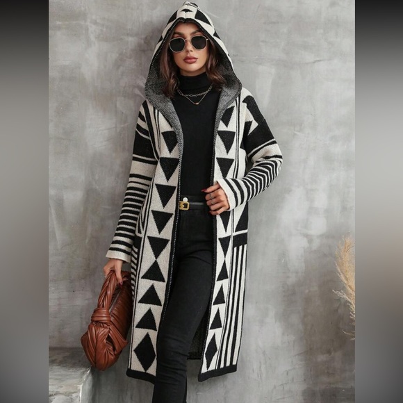Sweaters - Cozy Abstract Geo Pattern Drop Shoulder Hooded Duster Sweater Cardigan